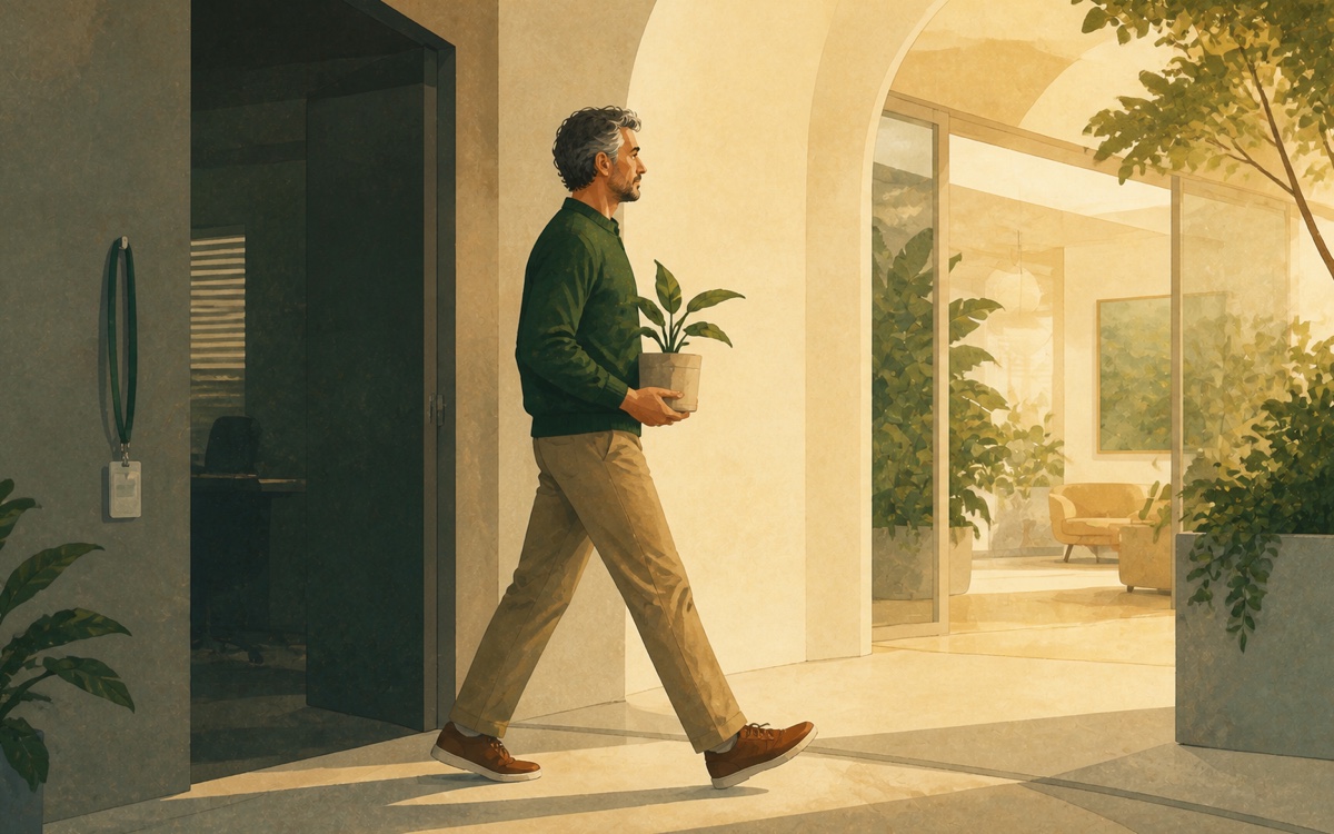 Editorial illustration of a professional moving from one workplace to another