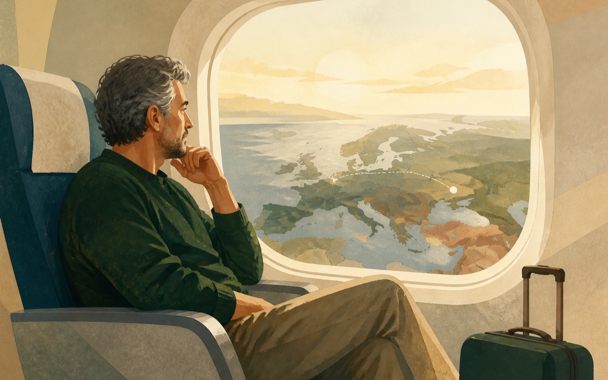 Editorial illustration of a traveller looking through an aeroplane window