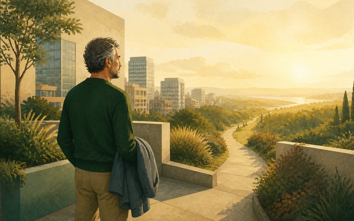 Editorial illustration of a professional looking toward retirement on the horizon